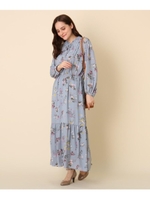 【WEB限定サイズ(LL)あり/手洗い可】フラワー柄 ウエスト切り替えワンピース/サックス(190)