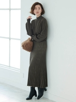 【editstore限定】柄編みストライプニットワンピース/チャコール×モカ