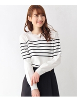 【洗える・34(SS)、42(LL)WEB限定サイズ】ファインゲージハイツイストコットン　総針編みボーダーニット/ホワイト(301)