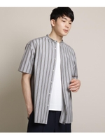 【洗える】スタンドカラーストライプシャツ/ブラウン(642)