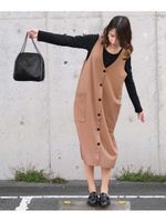 ふくれジャガードセンターボタンロングワンピース/モカ