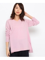 ウール混ラメボーダーVネックニットプルオーバー/ラズベリーピンク(073)