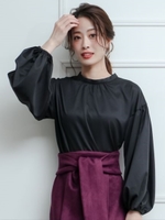 ギャザーネックボーリューム袖ブラウス/ブラック