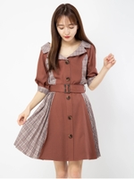 サイドプリーツブロッキングチェックワンピース/ブラウン