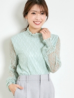 シャーリングネックブラウス/ライトグリーン