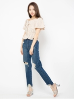 ダメージテーパードデニム/ブルー