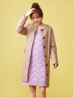 チェック柄切換ノーカラーコート/ベージュ