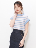ニットトリミングボーダーフレンチトップス/ブルー