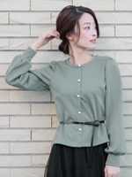 パフスリパールボタン裏起毛トップス/ブルー×グレー