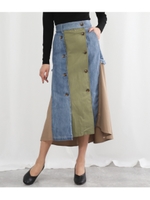 フロント2WAY配色デニムスカート/カーキ(014)