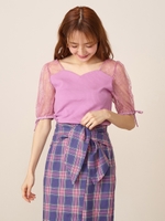 レース切替パフスリーブトップス/ピンク