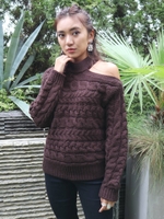 ワンショルダーケーブルニットトップス/BRN