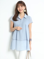 衿付ピンタックティアードブラウス/ライトブルー