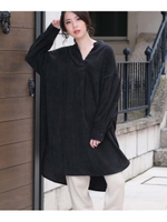 太畝コーデュロイスタンドカラースキッパーシャツチュニック/ブラック