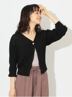 透かし柄Vネックニットカーディガン/ブラック