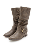 レザー調ゴールドバックルインヒールブーツ