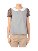 袖チュールレース丸衿ボーダーブラウス