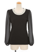 衿ぐりパール付袖シフォンTOPS