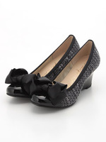 ビックリボン切り替えウェッジパンプス/ネイビーコンビ