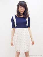 ポンチ×スカラップレースワンピース/ネイビー