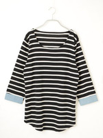 袖口ダンガリーフライスボーダーチュニック/ブラック×ホワイト