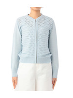 透かし編みジップアップニットカーディガン/ライトブルー(091)