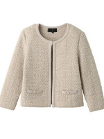 [L]ミックスチェックノーカラーカーディガン/ベージュ系(055)