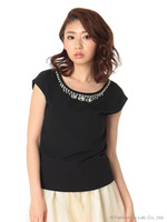 ビジューネックTシャツ/ブラック