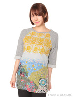 グラスランドタイルプリントカットソー/イエロー