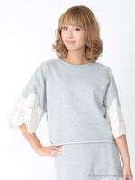 フラワーレース裏毛トップス/ブラック×ブラック