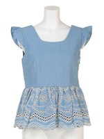 デニムレースペプラムブラウス/ブルー