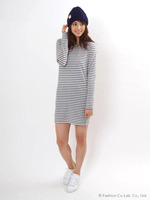 ニット帽付 綿麻ボーダーチュニックOP/キナリ