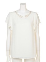 ラッフルスリーブビジューカラーブラウス/オフホワイト