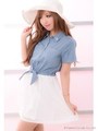 前縛り衿ビジュー付チェックスカートワンピース/サックス