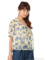 ボウタイ花柄ブラウス/ブルー柄