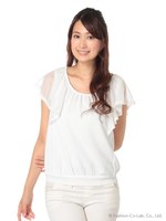 ラッフルスリーブ背中開きトップス/ブルー