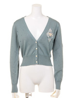 【F&A】リボン刺繍レースアクリルコットン長袖ニットカーディガン/GREEN