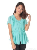 レースレイヤードフリル袖ブラウス/グリーン