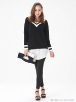 ラインVネックニットTOPS/BLK