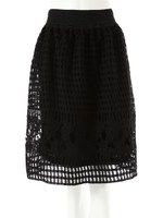 【ECURY】格子柄フラワーレースペンシルスカート/ブラック