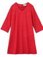 ブロックチェックVネック八分袖ワンピース/レッド(262)