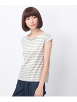 ビジュー使いボーダーフレンチスリーブカットソー/ネイビー(393)