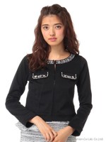 ビジュー付きノーカラージャケット/ブラック