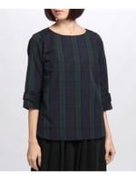 七分袖リボンチェックブラウス/ネイビー(293)