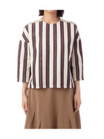 ストライプ切り替え七分袖ブラウス/ネイビー&ブルー系(393)