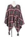 【Omekashi】チェック柄フリンジポンチョ/BEI