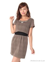 ビジュー付バックリボンレースワンピ/ベージュ