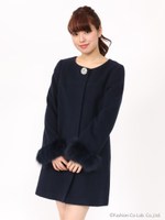 ファー袖ノーカラービジューコート/ベージュ