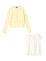 [L]ノーカラージャケット風カーディガンSET/イエロー(432)