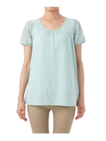 レーススリーブバックリボンカットソー/グリーン系(021)